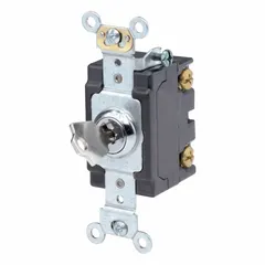 This double-pole maintained locking wall switch is rated for 20 A at 120/277V AC and features a chrome finish. The locking mechanism secures the switch position to prevent unintended operation, suitable for applications requiring stable control of electrical circuits.