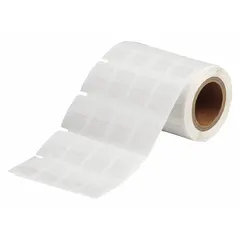 White matte vinyl wraparound label for permanent identification of wires and cables. Designed for 16 AWG to 12 AWG wire gauge. Compatible with THT printer series; requires R4313 ribbon. Typical applications include marking in control panels, electrical cabinets, and data centers.