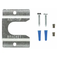 Anti-tip bracket for Whirlpool ovens. Secures the appliance to the floor or wall to prevent tipping. Includes mounting hardware. Use during oven installation or replacement to maintain stability.