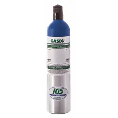 GASCO calibration gas cylinder with 105 L capacity, containing 2.25% methane (45% LEL) in a background of air. Accuracy is ±2%. Designed for use with all OEM gas detectors to verify and adjust detector response to combustible gas hazards in industrial safety applications.