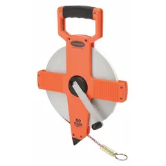 Manual open-reel tape measure with a 60 m metric steel blade, 2 mm wide, single-sided. Plastic case with loop tip and dead foot for stable single-person measurements. Suitable for surveying, construction layout, and large-scale measuring tasks.