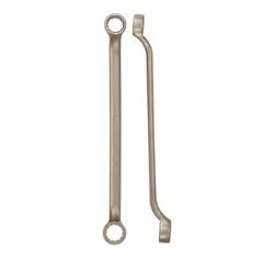 This nonsparking double-end box end wrench features 12-point openings in 3/4 in and 5/8 in sizes with an offset design. Overall length is 10 3/4 in. Suitable for use in environments where sparking tools are prohibited, such as areas with flammable gases or dusts.