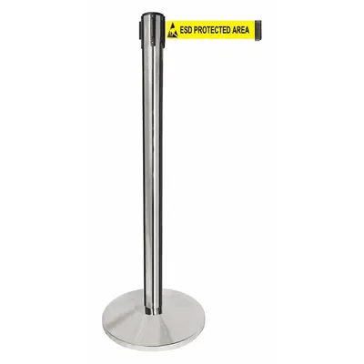QUEUEWAY Barrier Post with Belt: Yellow, No Pattern, ESD Protected Area, 10 ft Belt Lg - Message Retractable Belt Post Barriers