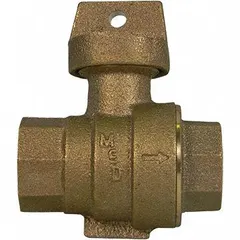 Manual two-way ball valve with 2" FNPT x FNPT connections, brass tee handle, and maximum operating pressure of 300 psi. Complies with ASTM B62 standards. Used in water and gas distribution systems for flow control and shut-off at service entrances or property boundaries.