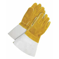 Straight thumb style stick welding gloves with premium cowhide leather palm and gauntlet cuff. Supplied as a single pair. Suitable for arc welding, cutting, and grinding tasks.