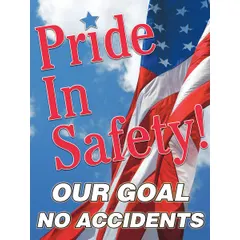 This indoor poster is made of plastic with a blue design and a clear film laminate protective coating. It measures 22 inches by 17 inches nominal sign size and is printed in English. The poster does not include a frame and does not have a write-on surface. It is used to promote safety awareness in industrial environments.