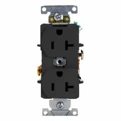General-purpose duplex receptacle rated 125V AC, 20 A, NEMA 5-20 configuration, 2 pole/3 wire, black finish. Suitable for flush-mount installation in commercial and industrial settings where standard 5-20 outlets are required for powering equipment.