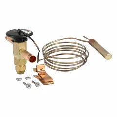 Straight-thru thermostatic expansion valve for R-134A refrigerant. 1 ton nominal capacity with field-adjustable superheat. Includes permanent strainer and sensing bulb mounting clamp. Used in HVAC and refrigeration systems to regulate refrigerant flow.
