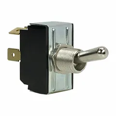 Panel-mount toggle switch with DPDT contact configuration and 6 quick-connect tab connections. Features a 2-position On/On switch function. Rated for 15 A at 125 V AC and 3/4 hp. Suitable for industrial control panels and machinery requiring reliable switching of AC loads.