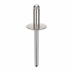 Large flange blind rivet with 1 7/8 in overall length and 35/64 in body length. Features a 0.183 in diameter open-end design. Supplied in a 250-piece pack. Used for joining materials where access is limited to one side, typical in metal fabrication and equipment assembly.