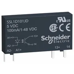 Solid state relay with a 0.1 A current rating and 3 to 12V DC input. Features pin termination and socket connection type. Slim form factor suitable for compact panel layouts in industrial control and automation systems.
