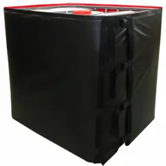 This IBC tote blanket heater is designed for 275-gallon IBC totes, operating on 115V AC at 7.33 A with 842.77 W output. It maintains a temperature range of 138°F to 136°F and is rated IP66 for outdoor use. Suitable for preventing freezing or maintaining viscosity of stored liquids in industrial environments.
