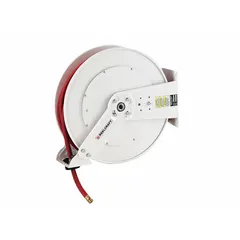 Enclosed garden spring-return hose reel with 75 ft of 5/8 in I.D. hose included. Features 3/4 in MGHT end configuration, nickel-plated steel swivel, and white reel. Maximum operating pressure 250 psi. Suitable for watering, washing, and light-duty fluid transfer.