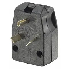 Angled plug for 125V AC, 30A applications. 2-pole, 3-blade configuration. Black finish. Suitable for temporary power setups such as RVs, trailers, and portable equipment.