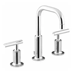 This widespread bathroom faucet from the Purist series features a brass body with a chrome finish and a lever handle. It has a flow rate of 1.2 gpm and includes a metal tailpiece sized 1-1/4 in. Suitable for bathroom sinks in residential and commercial settings.