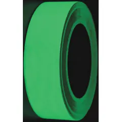 Solid green vinyl tape with glow-in-the-dark properties for marking floors, pathways, and hazards in low-light environments. Measures 1 1/4 in wide by 50 ft long with a 19 mil thickness. No message legend. Suitable for use in warehouses, factories, and emergency exits to improve visibility during power outages.