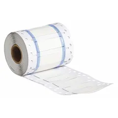 Polyolefin precut sleeve label roll in white matte finish. Each label measures 3/8 in x 2 in and accommodates wire gauges from 4 AWG to 12 AWG. Designed for use with the BBP11 printer series for on-demand wire identification and marking in industrial electrical panel labeling and cable management.