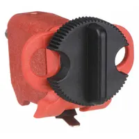 This clamp-on lockout device is rated for 120/277V AC and designed for use with push-button circuit breakers. It secures the breaker in the off position during maintenance to support lockout/tagout procedures. The device does not include a cable tie slot