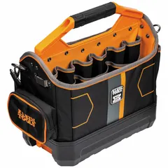 This ModBox tool tote from KLEIN TOOLS is constructed of polyester and offers a maximum storage capacity of 0.88 cubic feet. The bag measures 17 inches wide, 16 inches high, and 9 inches deep. It is designed for carrying and organizing hand tools, meters, and small parts in work environments such as job sites.
