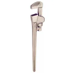 This nonsparking straight pipe wrench is made from aluminum bronze for use in hazardous environments. It features serrated jaws, an I-Beam handle, and a 24-inch overall length with a 4 1/4-inch jaw capacity. Suitable for turning pipes and fittings in areas where sparking tools are prohibited.