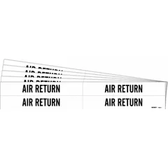These adhesive pipe markers identify air return lines in HVAC and industrial piping systems. Each marker has a white background with black legend text reading 'Air Return' and fits pipe outer diameters from 3/4 to 2-3/8 inches. Supplied without arrows, each pack contains 4 markers, sold as a 5-pack.