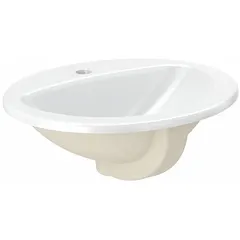 White ceramic countertop bathroom sink with a single faucet hole. Overall length 20 inches, width 17 inches. Includes mounting hardware. Suitable for commercial or residential restrooms where a standard faucet is installed separately.