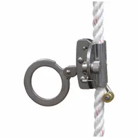 This steel rope grab is a trailing-type component for use with polyester vertical rope lifelines. It features an attachment eye for connecting a harness and allows hands-free climbing while providing fall arrest. Suitable for construction, tower work, and industrial maintenance applications where fall protection is required