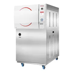 This 230V autoclave provides four validated cycles for Glass, Plastic, Liquid A, and Liquid B-Waste, with a maximum temperature of 140°C and temperature accuracy of -1 °C/3 °C. It is used for sterilizing laboratory equipment and waste in research, pharmaceutical, and clinical settings. Overall dimensions: 28 1/4 in width by 46 1/2 in depth.