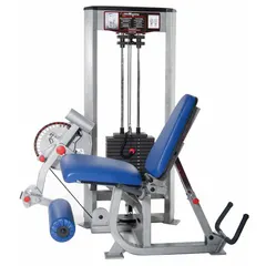 This hip and leg machine features a steel frame with powder-coated gray and orange finish, vinyl upholstery, and an adjustable bench. Overall length is 72 inches. Designed for seated leg extension and prone leg curl exercises targeting quadriceps and hamstrings.