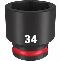 This 1/2" drive impact socket is designed for use with impact wrenches in heavy-duty fastening and loosening of 34 mm metric nuts and bolts. The 6-point configuration reduces fastener rounding. Suitable for automotive repair, construction, and industrial maintenance applications.