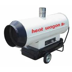 Wheel-mounted indirect-fired torpedo heater with a heating area of 8,800 sq ft. Features LED diagnostics and a 27.7-gallon tank providing 19 hours of operation per filling. Suitable for temporary heating of large indoor or outdoor spaces such as construction sites, warehouses, and workshops.