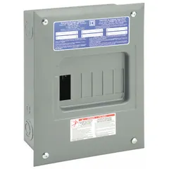 Main lug load center rated 100 A, 120/240 V AC, 1-phase, with 6 spaces and a flush cover. Supports up to 6 tandem breakers. Used for power distribution in branch circuits or subpanels in residential or light commercial electrical systems.