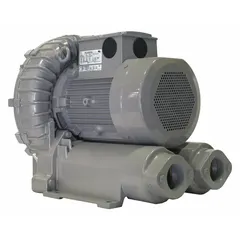 1-stage regenerative blower with a three-phase 230/460V AC motor drawing 27.8/12.6 A. Delivers 10.7 hp, maximum operating pressure of 134.6 in wc, and maximum vacuum of 112 in wc with female NPT connections. Suitable for pneumatic conveying, wastewater aeration, vacuum lifting, and drying systems.