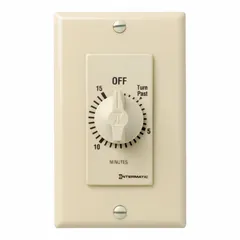 Spring-wound mechanical timer with 15-minute maximum timing range. Single-pole, single-throw (SPST) switch rated for 120/277V AC. Ivory finish, wall plate not included. No hold feature. Used for timed-off control of lighting, fans, exhaust fans, heaters, or signal devices in commercial and industrial applications.