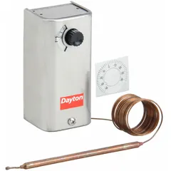 DAYTON Line Volt Mechanical Tstat: -30° to 90°F, Stainless Steel, Fixed, 3°F, 120V/240V/277V AC Volt. Key specifications — Switch Type/Action: SPDT, Open/Close on Rise; Temperature Control Range: -30° to 90°F; Temperature Differential: 3°F; Voltage: 120V/240V/277V AC; Capillary Length/Bulb Diameter: 8 ft Capillary, 5 in x 1/4 in Bulb; Brand: DAYTON; Differential Type: Fixed; Enclosure Material: Stainless Steel.