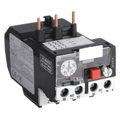 Three-pole IEC thermal overload relay with integrated bimetallic elements, eliminating the need for separate thermal units. Adjustable current range of 1.6 A to 2.5 A. Features 1NO/1NC auxiliary contacts and phase loss sensitivity. Compatible with Dayton contactors rated 9 to 18 Amps. Used for protecting three-phase motors against overload and phase loss in motor control panels.