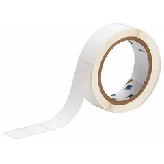 Precut label roll measuring 29/32 in x 29/32 in, made of white cryogenic autoclavable polyester. Designed for use with R4306 ribbon and THT printer series. Suitable for labeling applications requiring resistance to extreme cold and sterilization cycles.