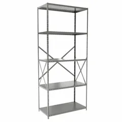 Steel shelving unit with five shelves, 36 inches wide by 18 inches deep and 84 inches high. Gray finish. Ships unassembled. Suitable for industrial storage in warehouses, factories, and distribution centers where heavy loads need to be organized and accessed.