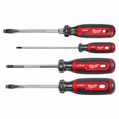 This 4-piece screwdriver set includes Cabinet, Phillips, and Slotted tip types for driving and removing screws in general maintenance, repair, and light assembly tasks. Each tool has an overall length of 5-1/2 inches, suitable for work in cabinets, electrical panels, and similar applications.