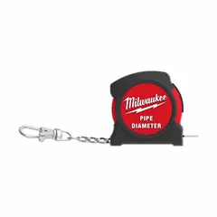 This diameter-scale tape measure features a plastic body and loop tip for direct diameter readings of round objects. Marked in inches with 1/100 in graduation, it includes a magnetic mount and nonlocking mechanism. Not rated for electrical safety.
