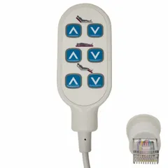 Plastic pendant for healthcare beds, beige finish. Compatible with Basic American Liberty, Matrix II, and Zenith II series. Used by patients or caregivers to adjust bed functions such as head, foot, and height positions.
