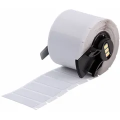 This precut label roll measures 1 1/2 in x 1/2 in and is made of metal-detectable polyester in gray. Designed for use with the BMP71 printer (with Media Adapter), it is suitable for asset identification and safety labeling in environments where metal contamination is a concern, such as food processing and manufacturing facilities.
