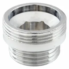 Brass outlet adapter with polished chrome finish. Top connection size 3/8''-18, bottom connection size 3/8"-18. Used to connect a faucet to a water supply line or downstream fitting in plumbing systems.