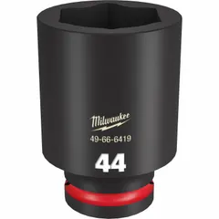 This 3/4" drive impact socket is designed for heavy-duty fastening tasks. It features a 44 mm metric size, 6-point configuration, deep profile, and friction retention mechanism. The black phosphate coating provides corrosion resistance. Suitable for high-torque applications on bolts and nuts in automotive and industrial settings.
