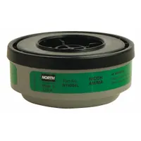 Threaded green cartridge for respiratory protection against ammonia and methylamine vapors. Compatible with NORTH 5400, 5500, 7600, 7700, RU6500, and RU8500 series reusable respirators. Sold as a pair