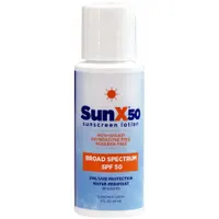 SUNX Sunscreen is a unitized lotion in a 2 oz bottle, formulated with aloe vera and free of parabens. It provides SPF 50 protection for skin exposed to UV radiation in outdoor work environments