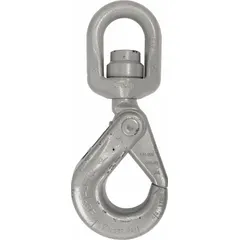 Self-locking hook for lifting applications. Alloy steel construction with swivel and plain finish. Grade 100 with 7,040 lb working load limit. Features visual indicator markings for deformation and max angle.