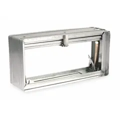 Rectangular fire damper with curtain blade type and spring closure, designed for vertical mounting. Measures 15 3/4 inches wide, 7 3/4 inches high, and 3 3/4 inches long. Used in HVAC ductwork to automatically seal the duct when a fusible link melts, preventing fire and smoke spread.