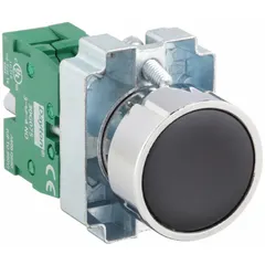 This flush-mount push button features a metallic construction with a 22 mm profile and momentary action. It has one normally open (1NO) contact and pressure plate terminals. Suitable for control panel applications requiring a low-profile operator.