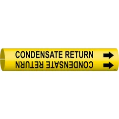 Yellow snap-on pipe marker with black legend reading 'Condensate Return' and directional arrows. Fits pipe outer diameters from 1-1/2 to 2-3/8 inches. Used to identify condensate return lines in steam or HVAC piping systems.